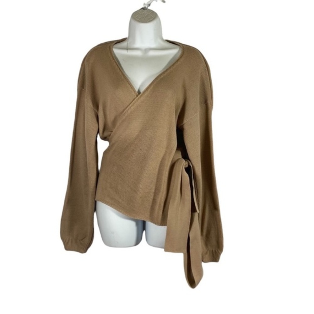 In The Style Size 8 Sweater Crossover Wrap Tan Knit Long Sleeve Side Tie